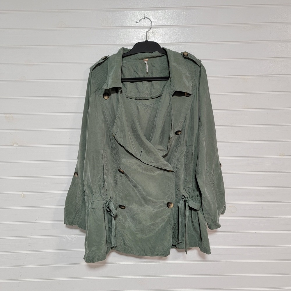 Free People Double Breasted The Lea Jacket Sage Green Cupro Utility Large Trench - Picture 4 of 10